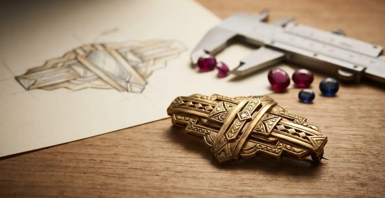 Makroaufnahme von alten Goldschmuckstücken neben neuen Designskizzen auf Goldschmiedewerkbank