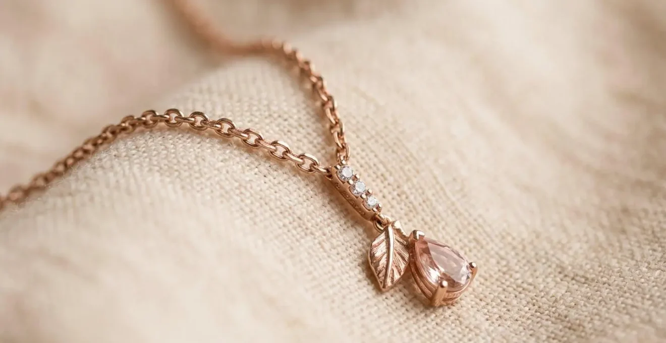 Detailaufnahme eines eleganten Y-Colliers aus Roségold mit zartem Anhänger, das perfekt zu einem Herzausschnitt passt