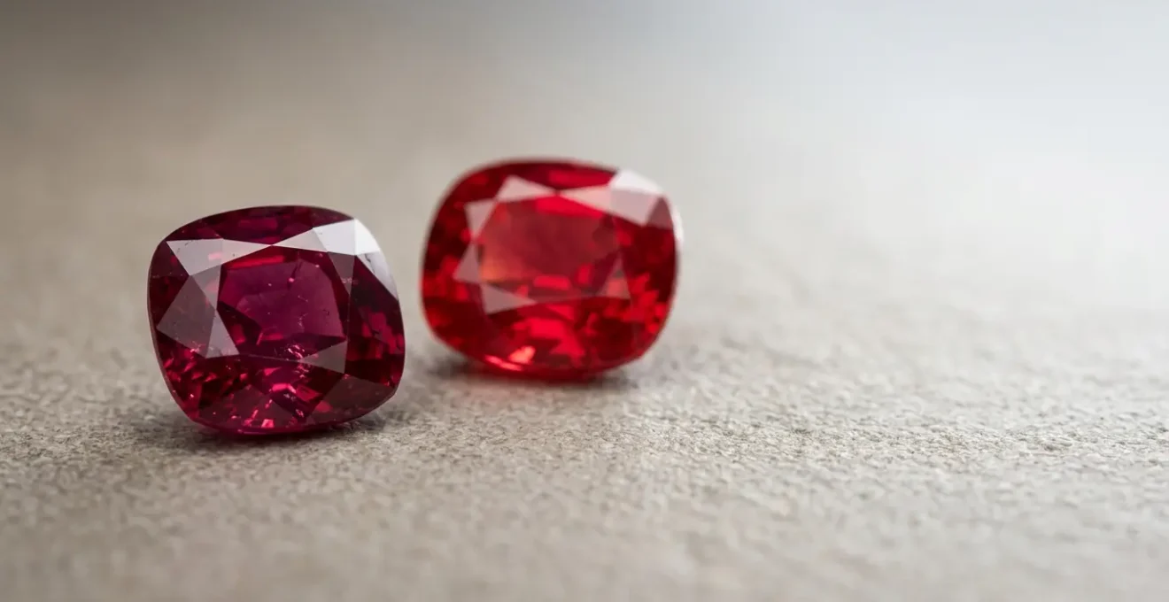 Zwei funkelnde Rubine in verschiedenen Rottönen, die Burma- und Mosambik-Herkunft symbolisieren
