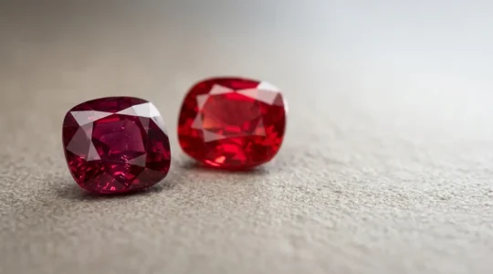 Zwei funkelnde Rubine in verschiedenen Rottönen, die Burma- und Mosambik-Herkunft symbolisieren