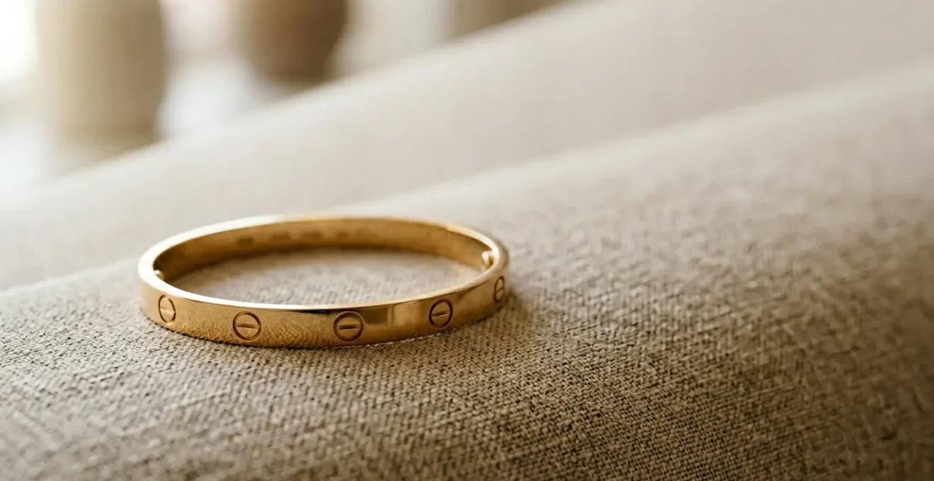 Nahaufnahme eines ikonischen Luxusarmbands mit charakteristischen Schrauben auf elegantem Hintergrund