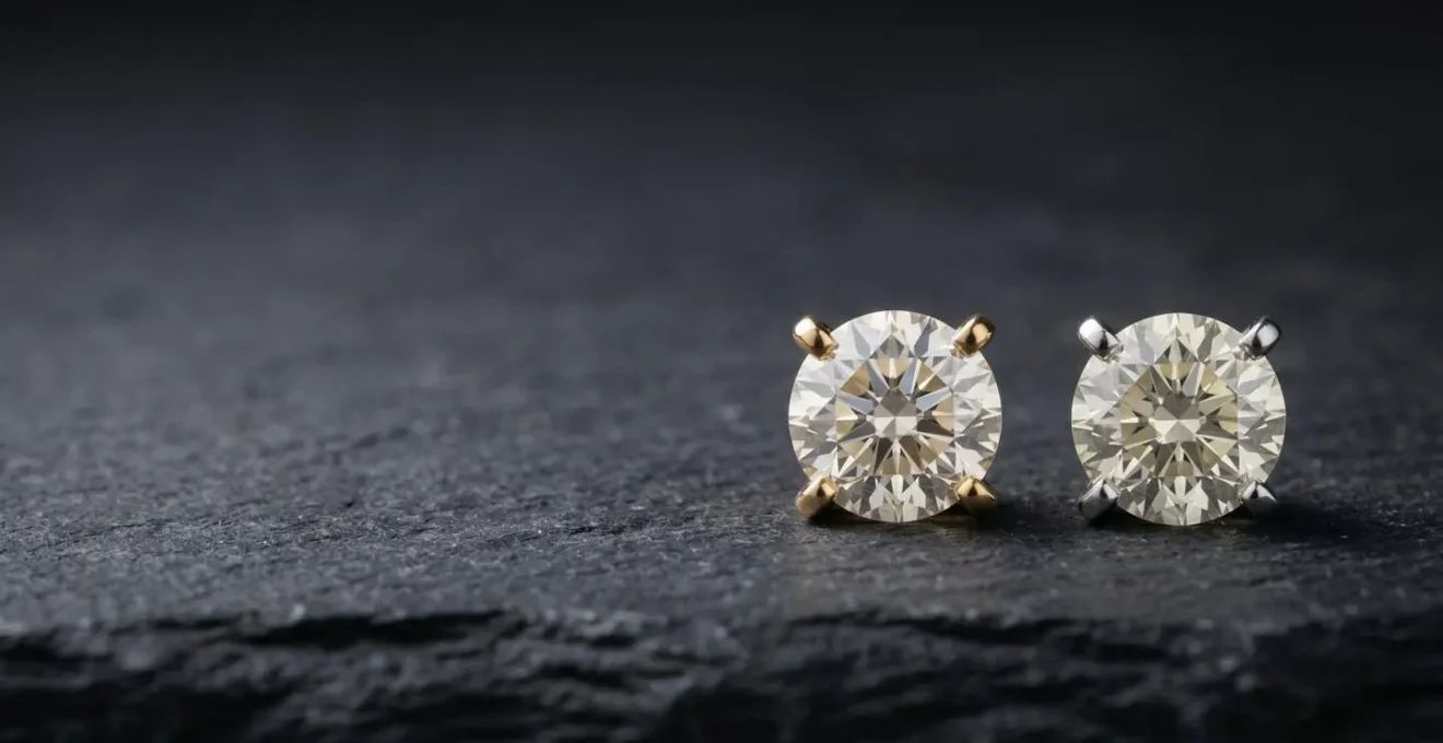 Seitliche Ansicht zweier identischer Diamanten in verschiedenen Metallfassungen, die den Farbkontrast-Effekt zeigen