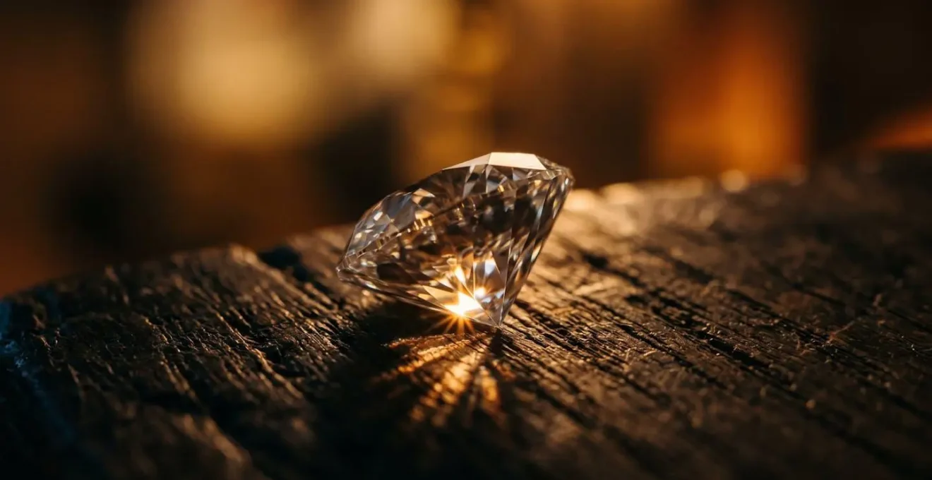 Makroaufnahme eines perfekt geschliffenen Brillanten, der selbst bei schwachem Licht intensiv funkelt