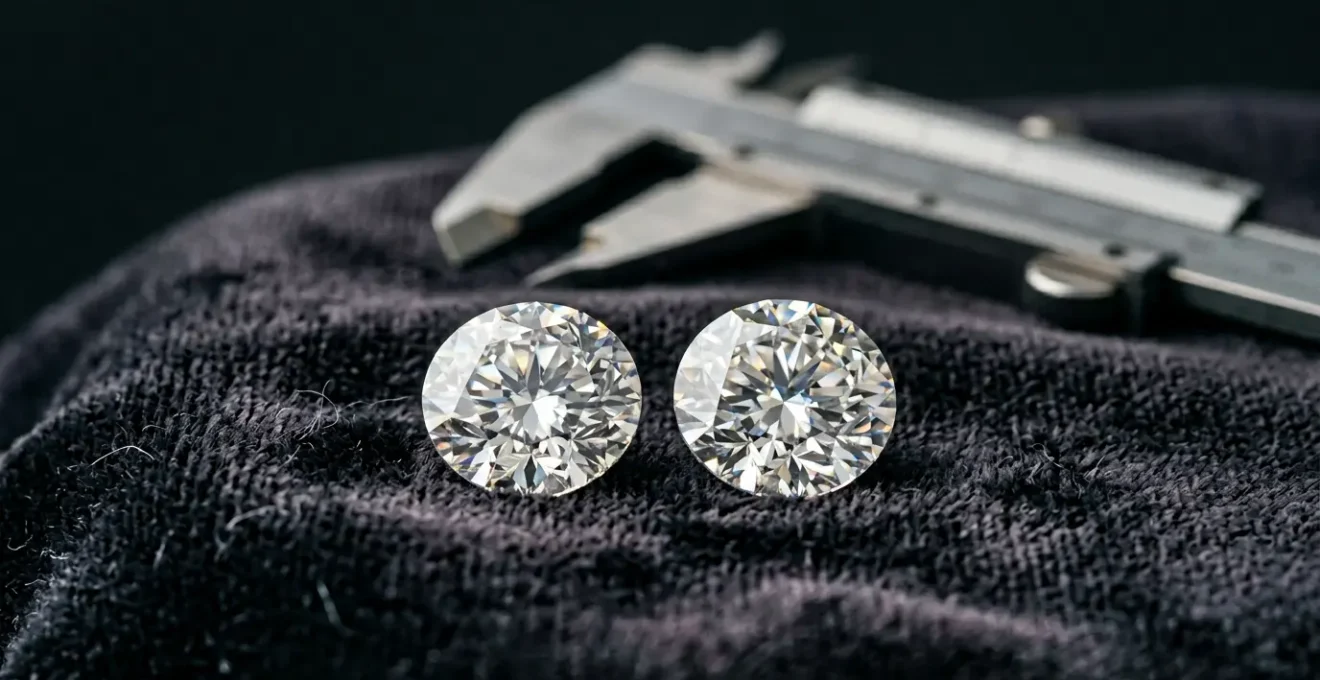 Zwei nahezu identische Diamanten im Brillantschliff nebeneinander auf dunklem Hintergrund zur Veranschaulichung minimaler Gewichtsunterschiede
