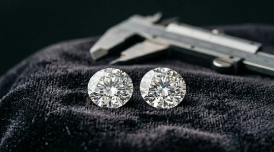 Zwei nahezu identische Diamanten im Brillantschliff nebeneinander auf dunklem Hintergrund zur Veranschaulichung minimaler Gewichtsunterschiede