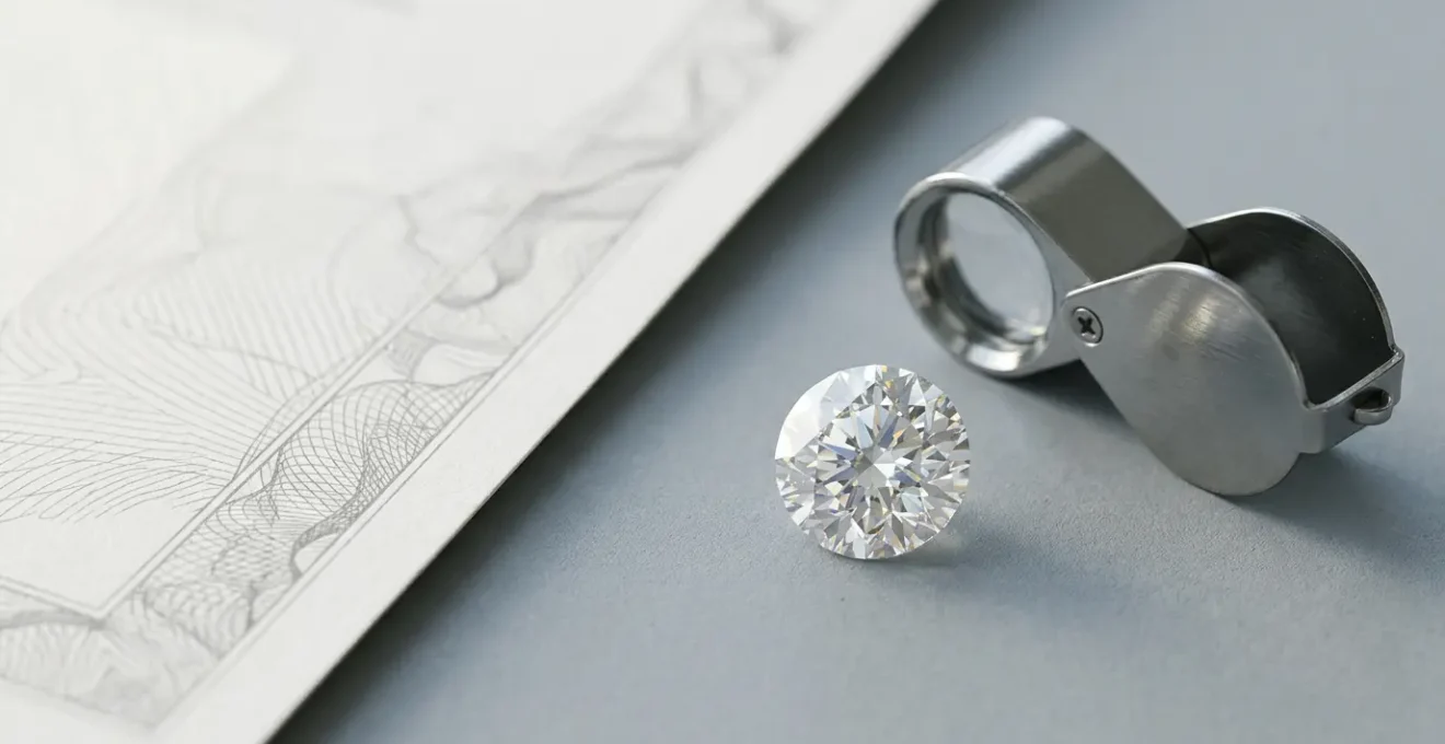 Professionelles Diamant-Zertifikat mit Lupe auf elegantem Untergrund, symbolisiert Vertrauen und Transparenz beim Diamantenkauf