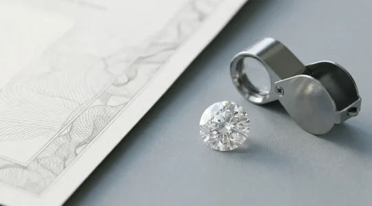Professionelles Diamant-Zertifikat mit Lupe auf elegantem Untergrund, symbolisiert Vertrauen und Transparenz beim Diamantenkauf