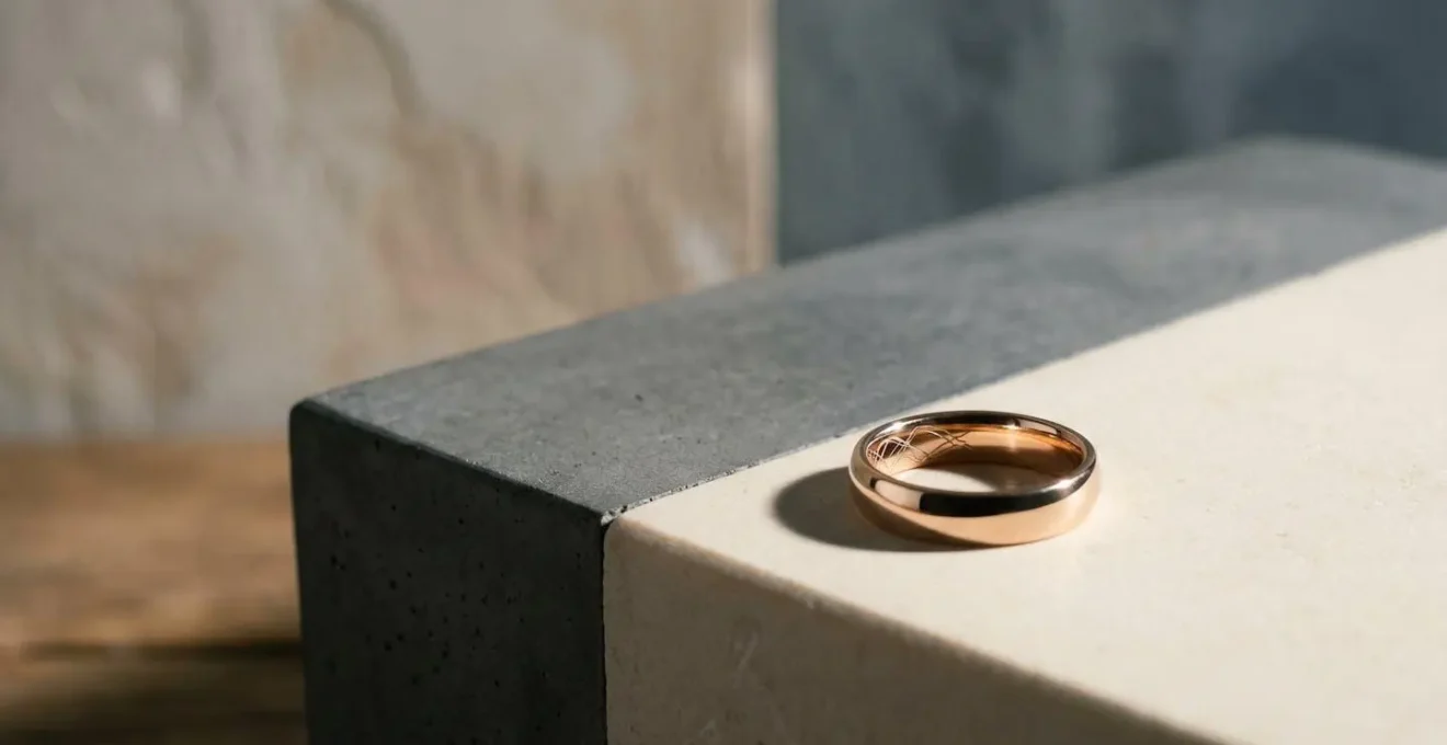 Symbolische Darstellung eines Goldrings mit Fokus auf Innengravur und Lichtreflexionen