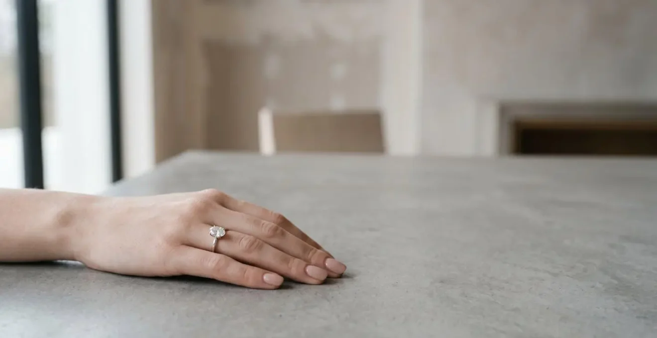 Seitliche Ansicht einer Hand mit elegantem ovalem Diamantring, der die Fingerlänge betont