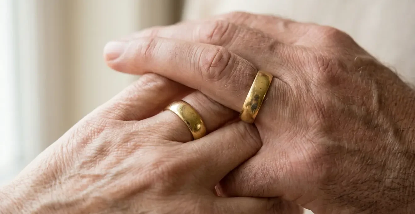 Zwei Hände mit klassischen Gelbgold-Eheringen im warmen natürlichen Licht, die Patina und Geschichte zeigen