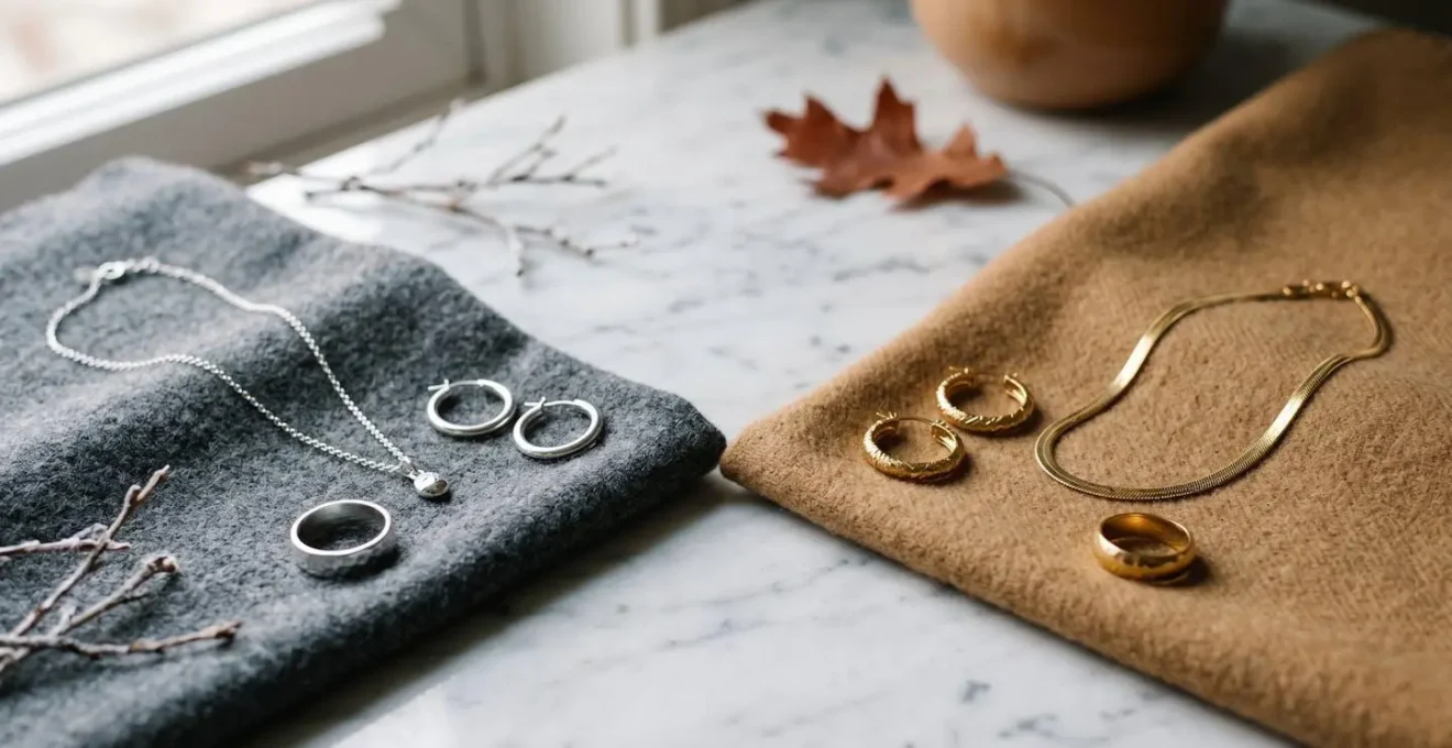 Vergleich von Gold- und Silberschmuck in Kombination mit Herbst-Business-Garderobe