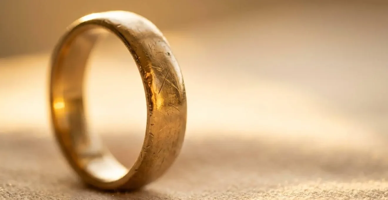 Nahaufnahme eines getragenen Gelbgoldrings im warmen Gegenlicht, feine Kratzer und Patina als Zeichen gelebter Geschichte sichtbar