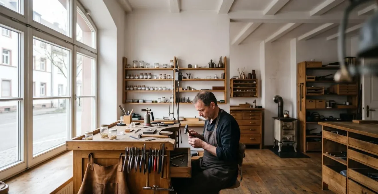 Weitwinkelaufnahme einer traditionellen Goldschmiedewerkstatt mit Arbeitsplatz und natürlichem Licht