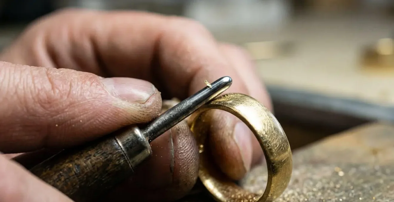 Extreme Nahaufnahme von Goldschmied-Hand mit Werkzeug bei Feinarbeit an Ringoberfläche