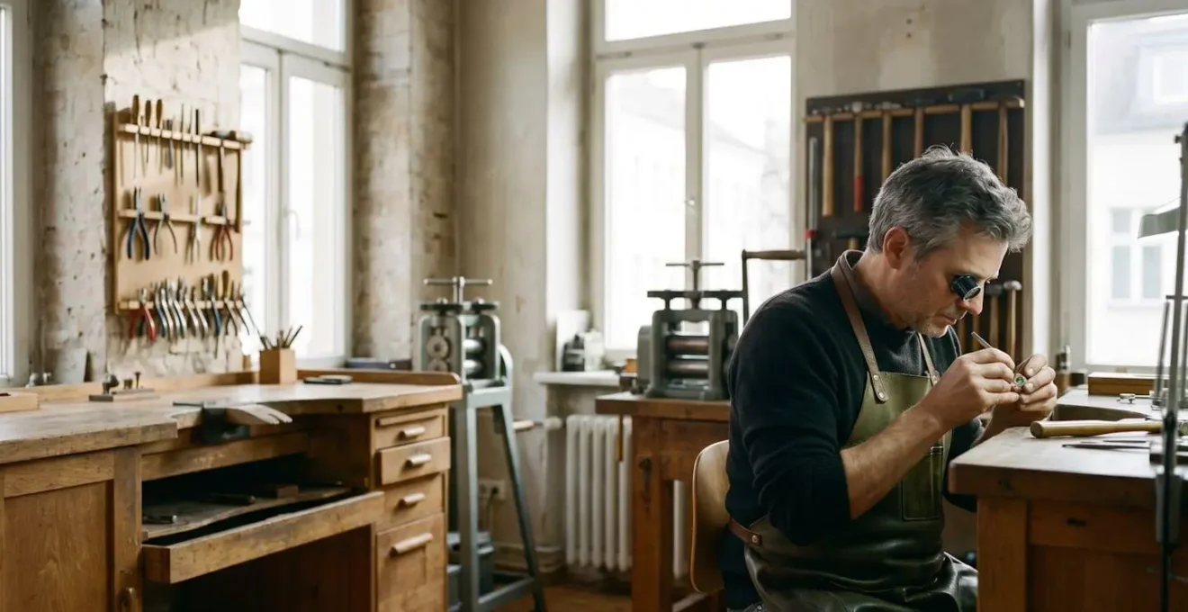 Goldschmiedemeister bei konzentrierter Steinfassung in natürlichem Werkstattlicht, deutsche Handwerkskunst