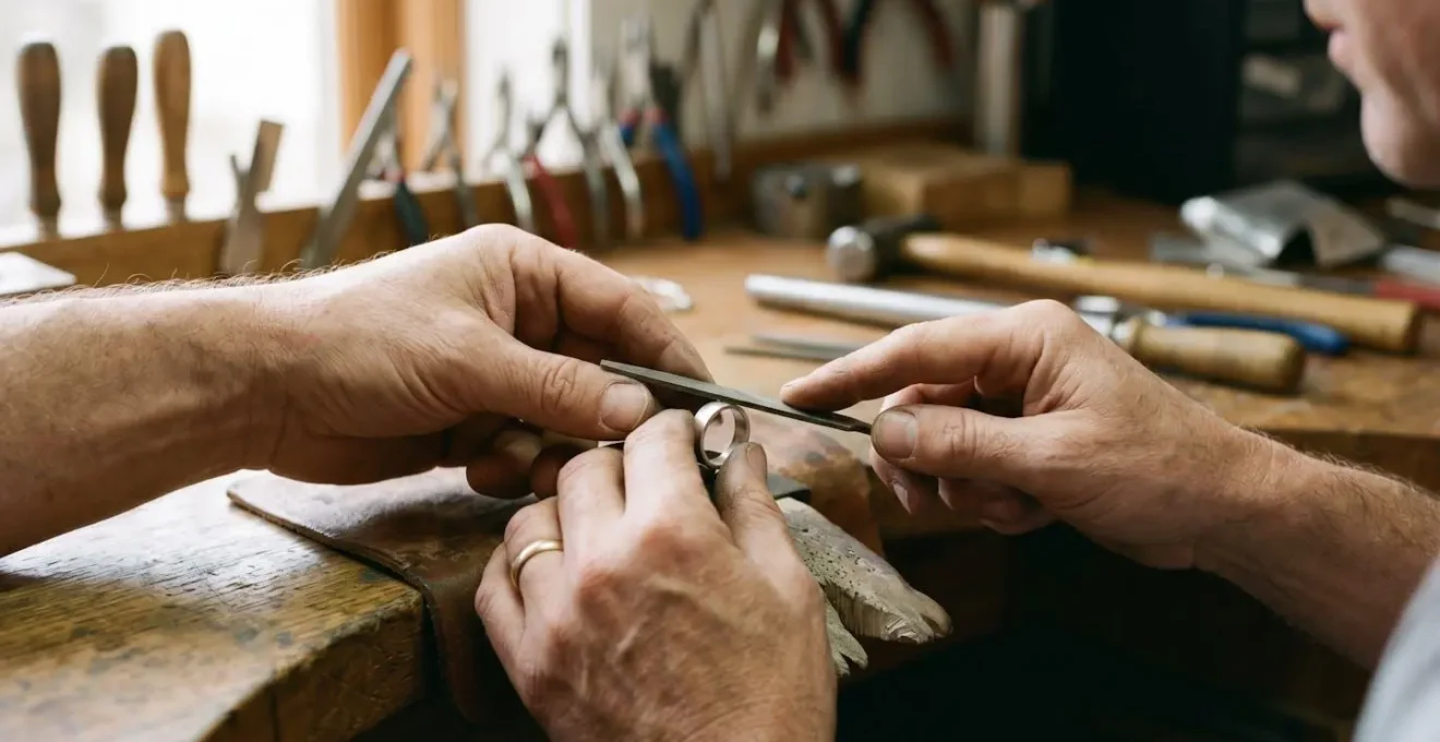 Paar beim gemeinsamen Schmieden von Ringen in einer Goldschmiedewerkstatt
