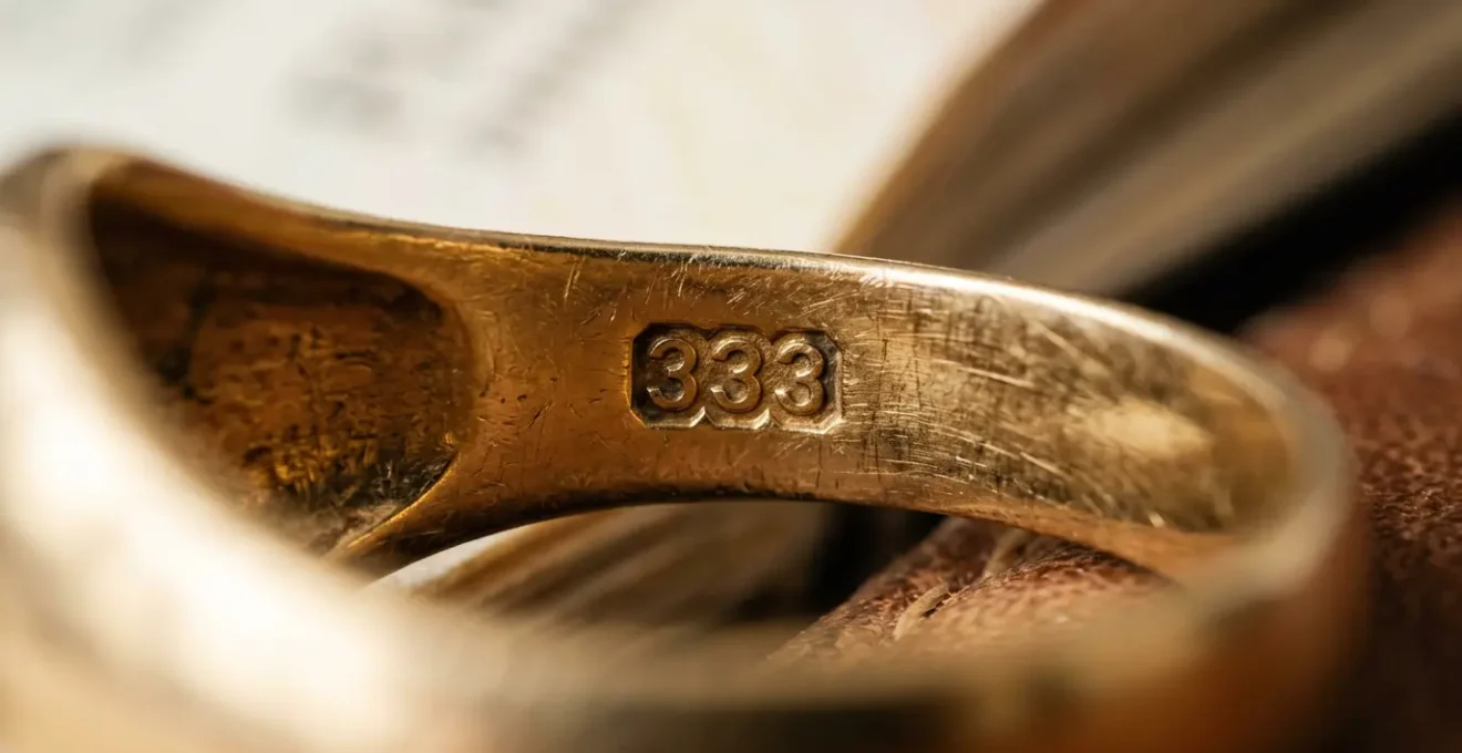 Nahaufnahme eines Goldstempels mit 333-Prägung auf einem Ring vor unscharfem Hintergrund mit Passkontouren