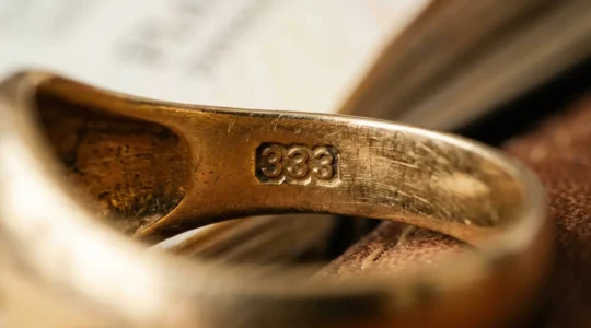 Nahaufnahme eines Goldstempels mit 333-Prägung auf einem Ring vor unscharfem Hintergrund mit Passkontouren
