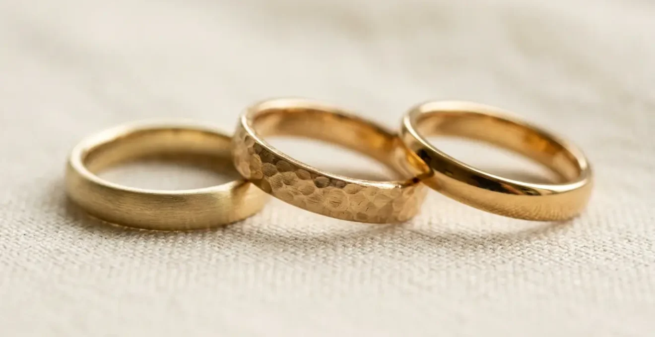 Detailnahaufnahme von drei Goldringen unterschiedlicher Legierungen nebeneinander auf natuerlicher Oberflaeche mit warmem Licht