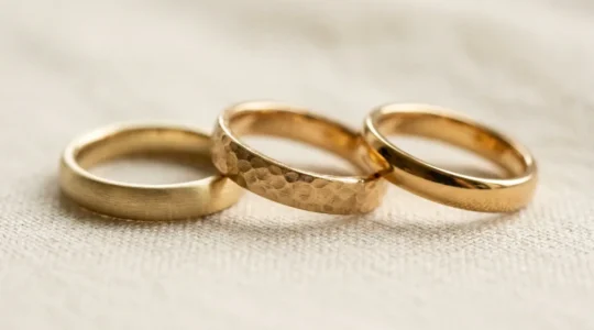 Detailnahaufnahme von drei Goldringen unterschiedlicher Legierungen nebeneinander auf natuerlicher Oberflaeche mit warmem Licht