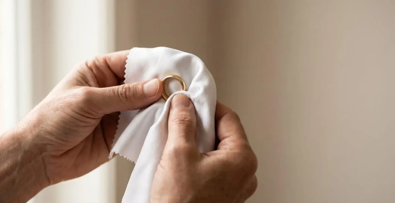 Weisses Mikrofasertuch umschliesst sanft einen Goldring waehrend der professionellen Schmuckreinigung in warmem Licht