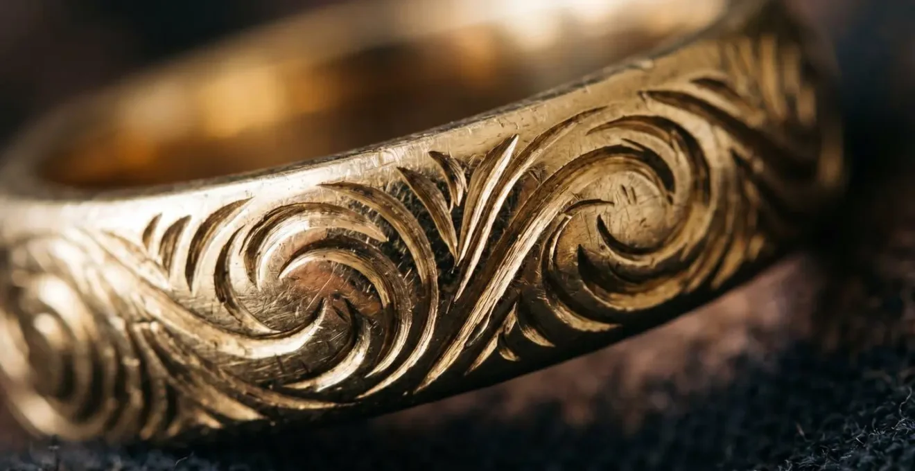 Extreme Nahaufnahme einer Ringgravur mit sichtbaren feinen Details und Handwerkskunst
