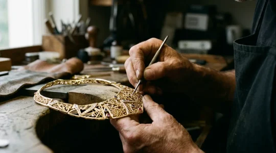 Meistergoldschmied bei der präzisen Handarbeit an einem luxuriösen Haute-Couture-Collier in Pforzheim