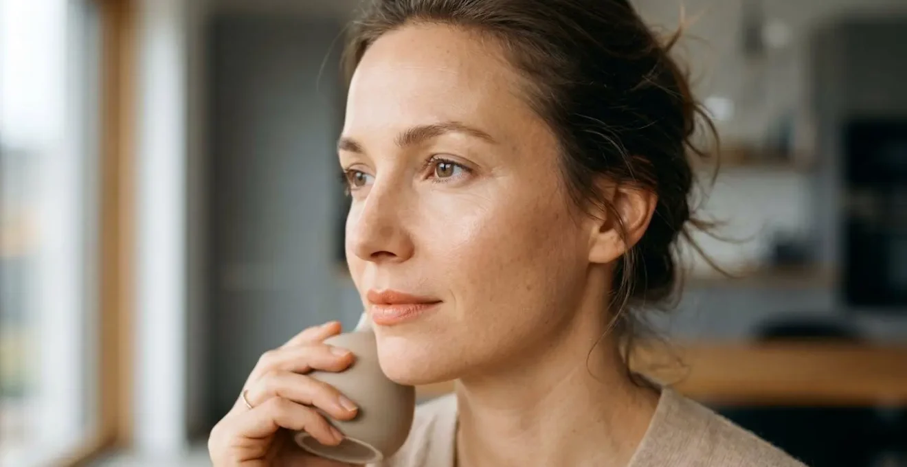 Gesicht einer Frau mit dezentem No-Makeup-Makeup und zartem Highlighter im natürlichen Licht