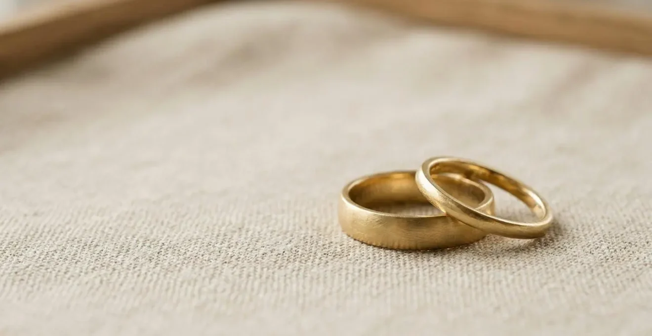 Elegante Eheringe aus warmem Gelbgold auf minimalistischem Hintergrund mit sanftem Licht