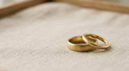 Elegante Eheringe aus warmem Gelbgold auf minimalistischem Hintergrund mit sanftem Licht