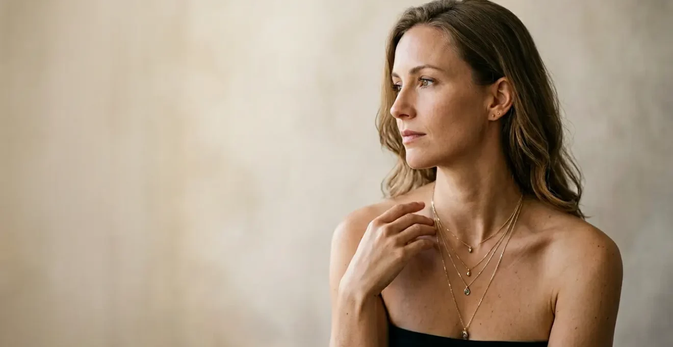 Elegante Frau präsentiert verschiedene Kettenlängen zur optischen Halsstreckung