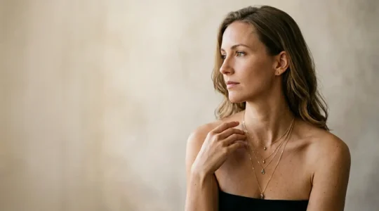 Elegante Frau präsentiert verschiedene Kettenlängen zur optischen Halsstreckung