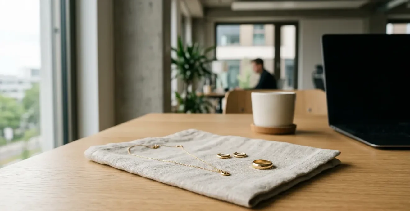Minimalistischer Schmuck verwandelt Basic-Outfit in professionelle Bürokleidung