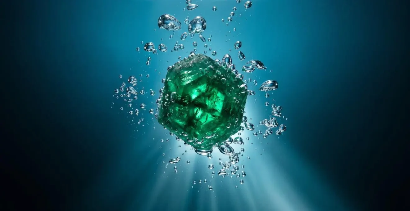 Konzeptuelle Darstellung der Kavitation - mikroskopische Blasen im Wasser um einen Edelstein
