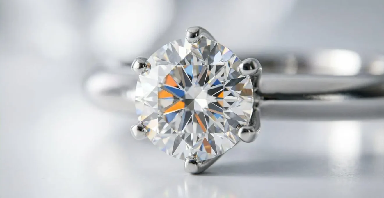 Nahaufnahme eines funkelnden Diamanten in eleganter Fassung mit dramatischer Lichtreflexion