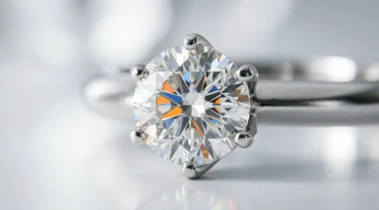 Nahaufnahme eines funkelnden Diamanten in eleganter Fassung mit dramatischer Lichtreflexion