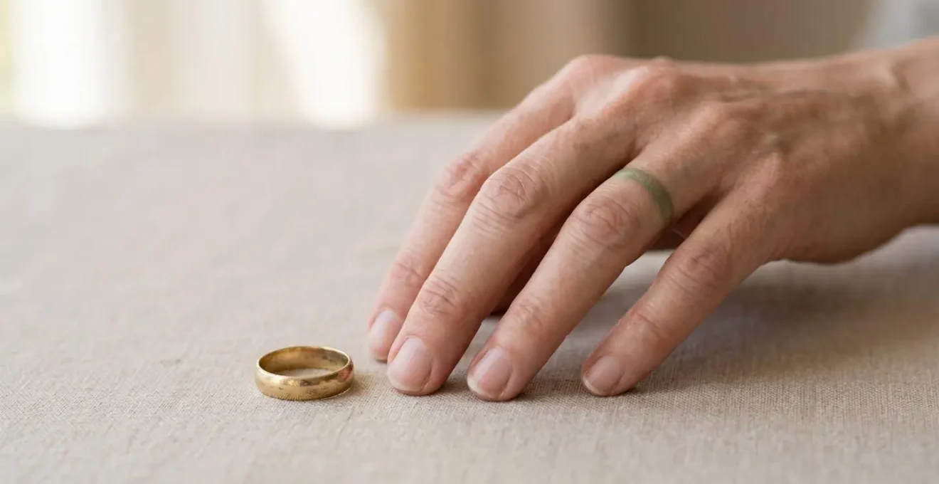 Detailaufnahme eines Fingers mit sichtbarer grünlicher Verfärbung neben einem angelaufenen Goldring auf neutralem Hintergrund