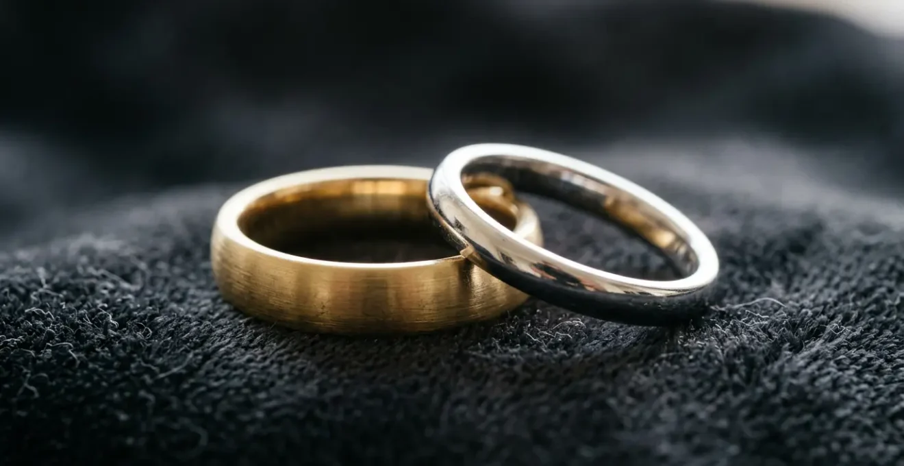 Nahaufnahme von Eheringen auf dunklem Samt mit sichtbaren Gravurdetails