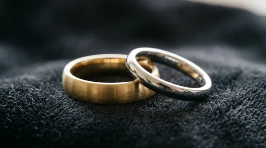 Nahaufnahme von Eheringen auf dunklem Samt mit sichtbaren Gravurdetails