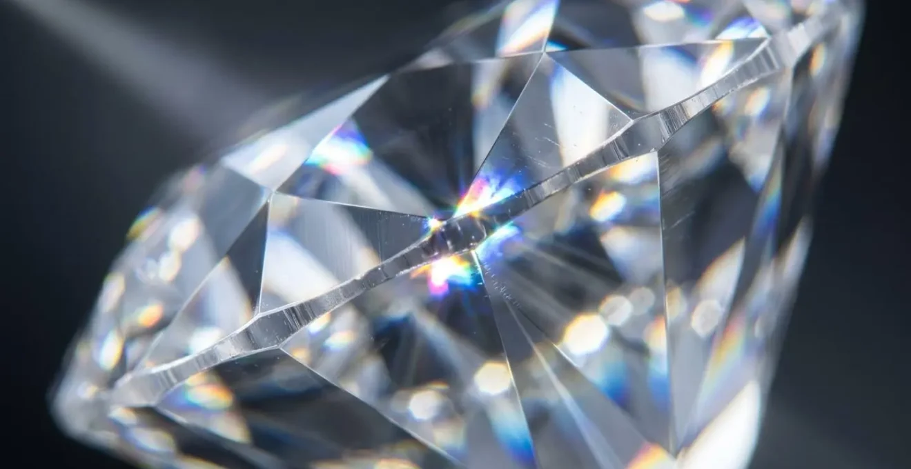 Detailansicht der Lichtbrechung in einem perfekt geschliffenen Diamanten mit sichtbaren Lichtpfaden