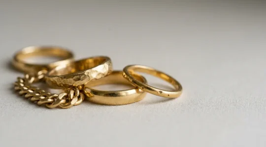 Nahaufnahme von 750er Goldschmuck mit satten warmen Farbtönen und edler Verarbeitung