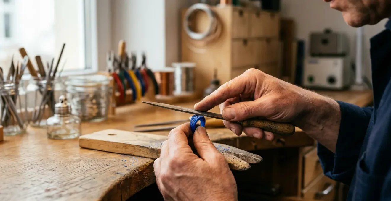 Nahaufnahme von Goldschmiedhänden beim Bearbeiten eines Wachsmodells für individuellen Schmuck in deutscher Werkstatt