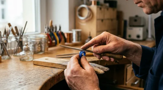 Nahaufnahme von Goldschmiedhänden beim Bearbeiten eines Wachsmodells für individuellen Schmuck in deutscher Werkstatt