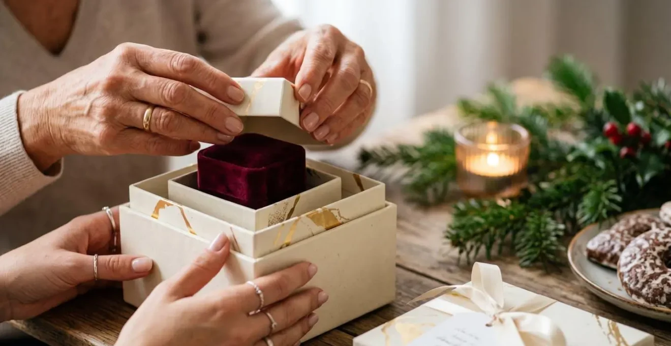 Kreative Ringverpackung mit mehreren ineinander verschachtelten Geschenkboxen in festlicher Atmosphäre