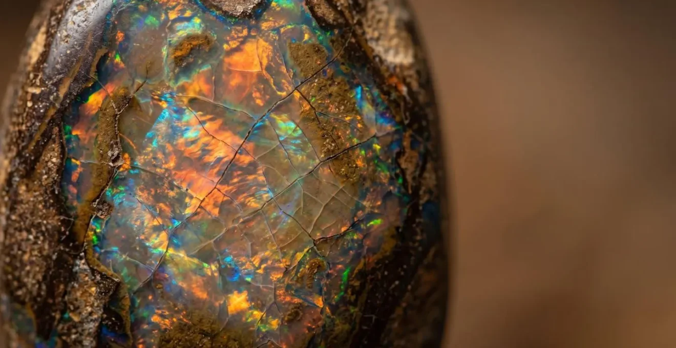 Makroaufnahme eines Opals mit feinen Austrocknungsrissen und Farbveränderungen
