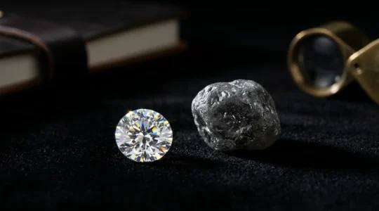 Vergleich zwischen einem perfekt geschliffenen kleinen Brillanten und einem größeren Diamanten mit schlechterem Schliff in dramatischer Studiofotografie