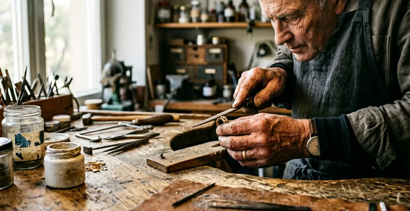 Goldschmied bei der Handarbeit in traditioneller Pforzheimer Werkstatt mit Werkzeugen und Edelmetallen