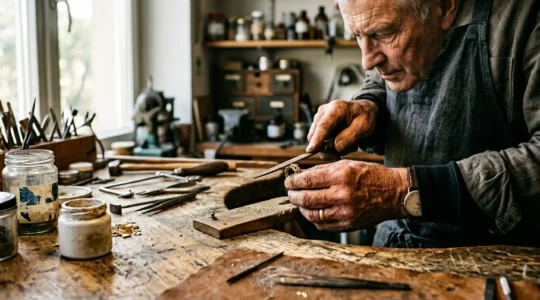Goldschmied bei der Handarbeit in traditioneller Pforzheimer Werkstatt mit Werkzeugen und Edelmetallen