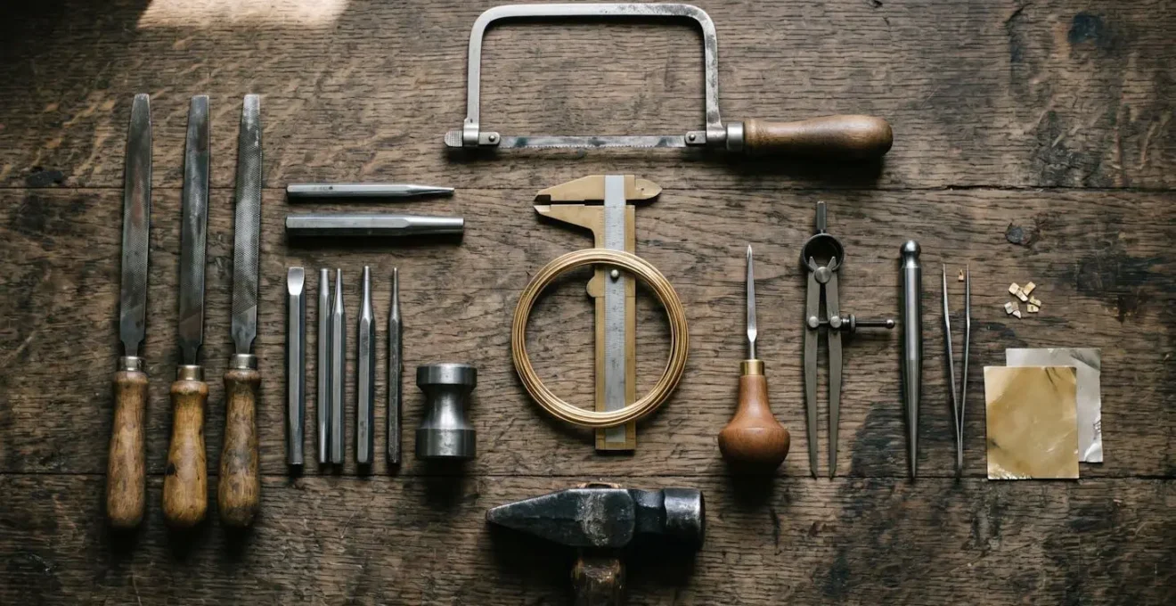 Detailaufnahme von Goldschmiedewerkzeugen und Materialien in traditioneller Werkstatt symbolisiert lokales Handwerksnetzwerk