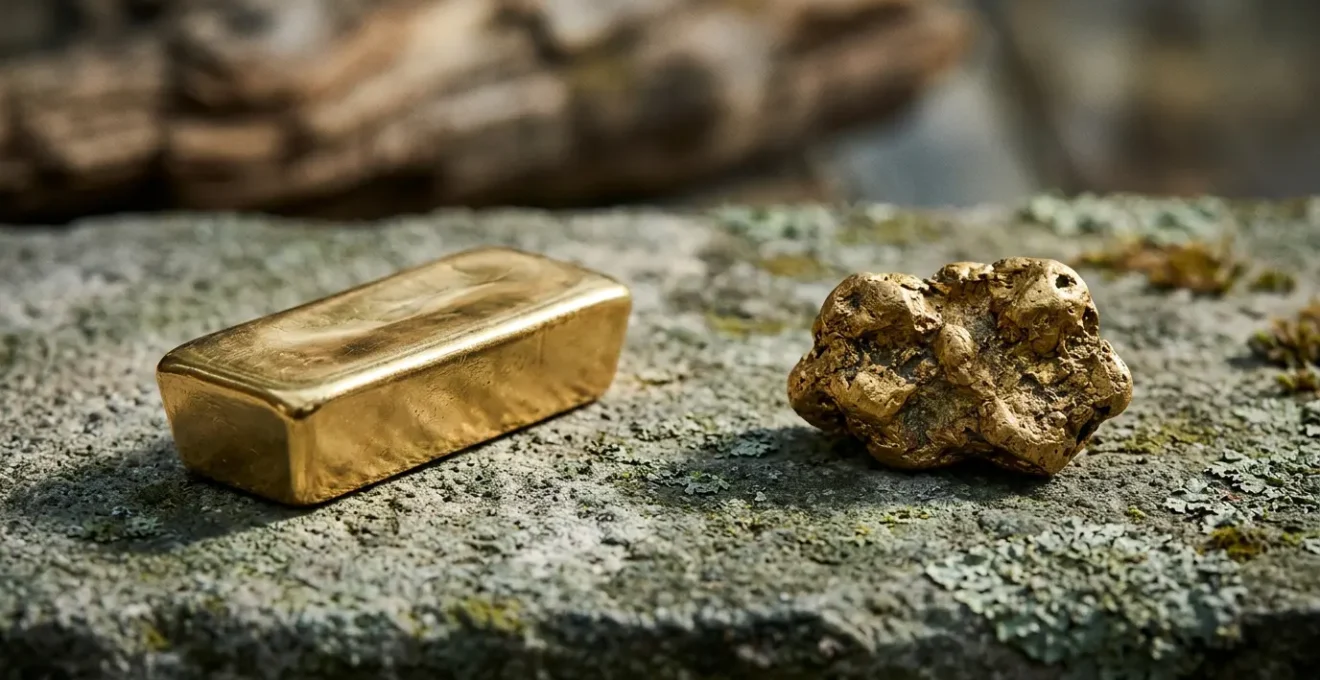 Zwei kontrastierende Goldquellen im natürlichen Licht: recyceltes Gold und ethisch gewonnenes Gold als Symbol für nachhaltige Schmuckproduktion
